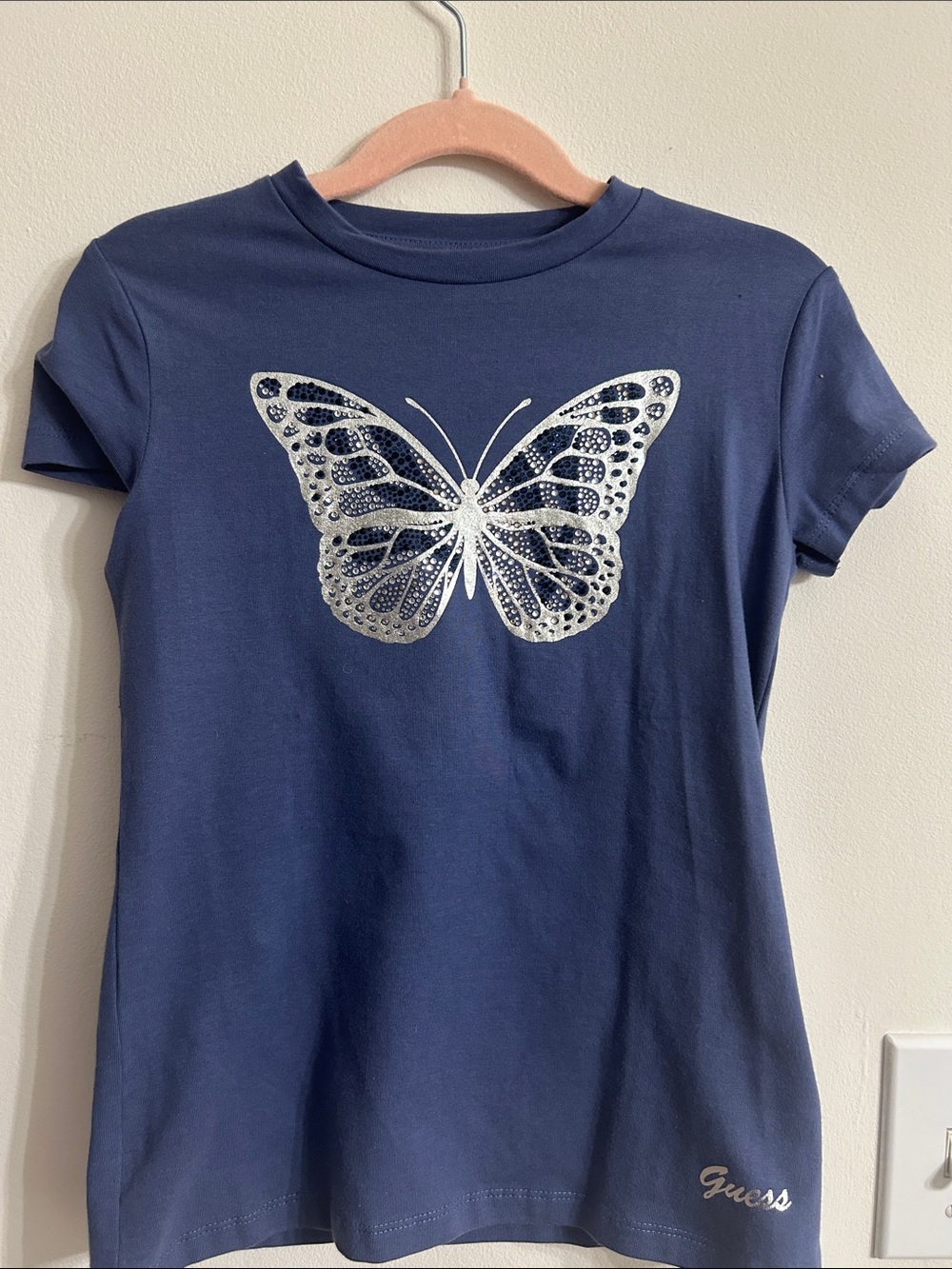 Guess Kids Navy Sparkly Butterfly Graphic Tee Size 8 Never Worn with Tags